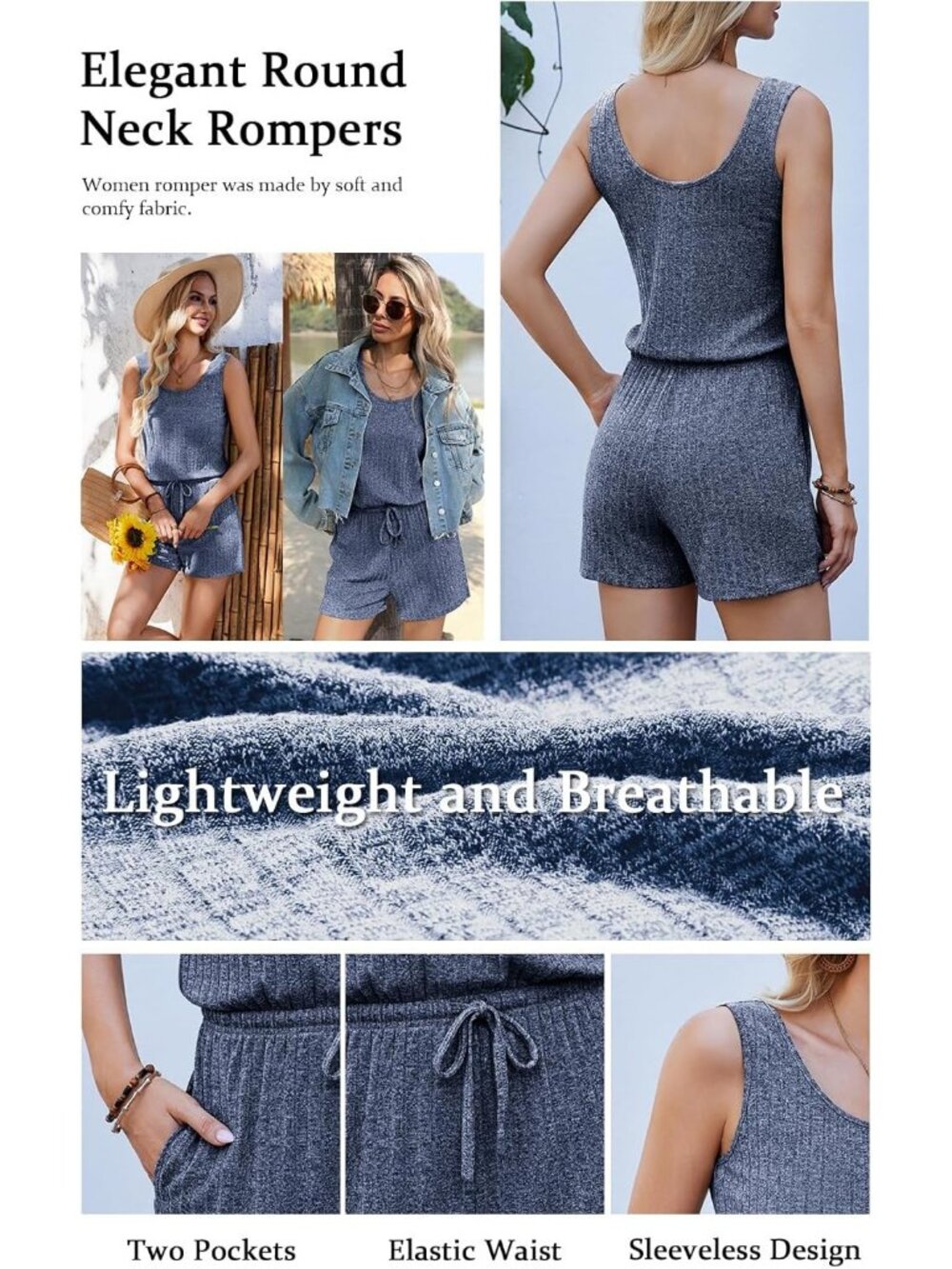 Women's Navy Blue Casual Sleeveless Scoop Neck Tank Top Ribbed Short Romper - Picture 5 of 6